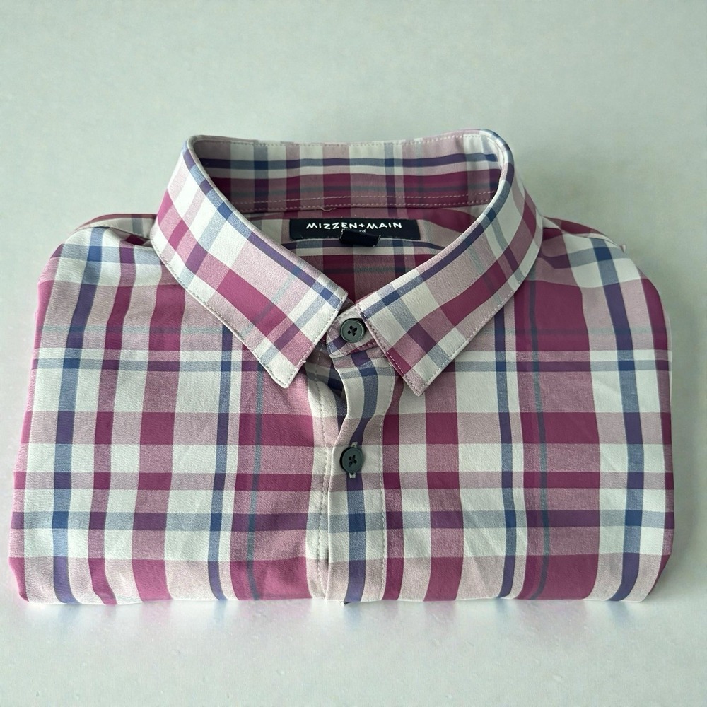 Mizzen+Main Leeward Long Sleeve Shirt Men XL Trim Purple Plaid Slim Stretch - Picture 9 of 12